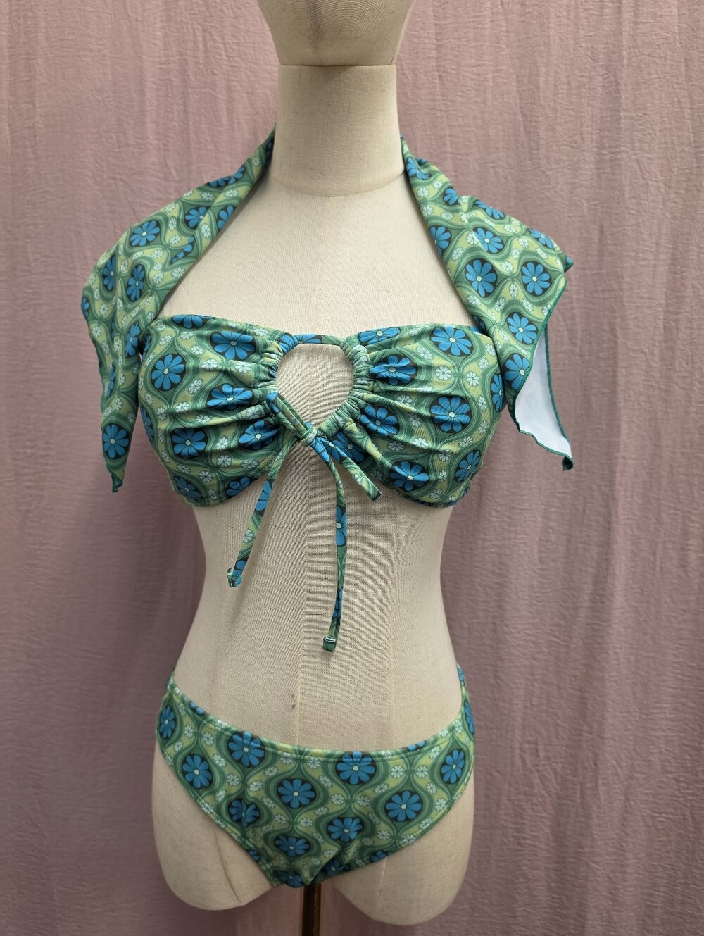 Shein 3-Pc Retro Inspired Floral Bandeu Bikini Set- Green, Large